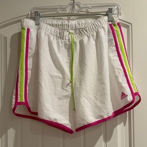 Adidas White Women's Athletic Shorts with Pink & Neon Green Trim